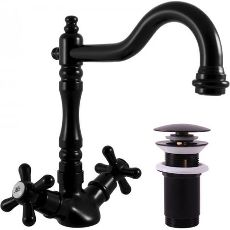 Mélangeur lavabo MORAVA RETRO pivotant laiton noir mat avec pop up (1/4)