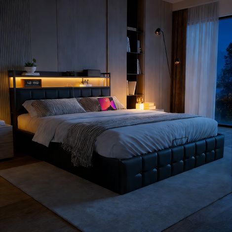 Lit coffre double adulte 140x190 cm avec rangement hydraulique, tête de lit avec rangement, ports USB, éclairage LED, revêtement en lin gris