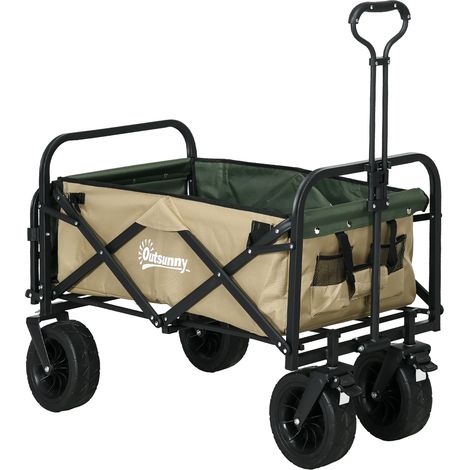 110-Liter-Gartenwagen mit Teleskopgriff und aufklappbarem Boden, Stahl und Oxford-Gewebe, Khaki