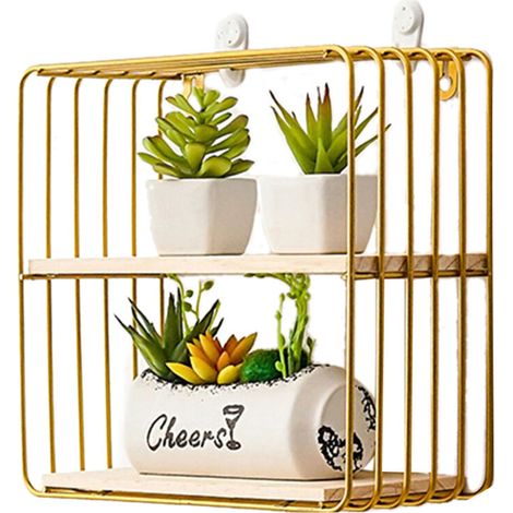 Étagère murale double carrée en bois et fer doré pour salon, cuisine, salle de bain - Support de rangement élégant (1/3)