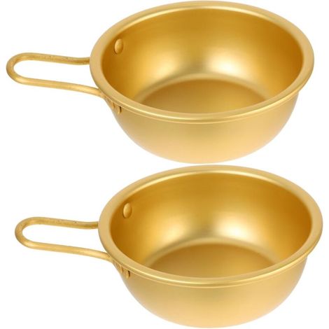 Juego de 2 tazones coreanos de aluminio amarillo con asas, aptos para arroz, vino y sopa ramen, para fiestas en casa, compatibles con utensilios de cocina. (1/4)