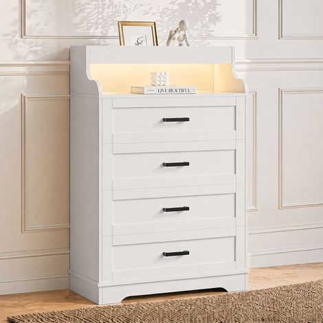 Commode scandinave 4 tiroirs, Meuble de Chambre, Meuble de Rangement avec bande lumineuse LED, 2 niches ouvertes, meuble de rangement blanc pour chambre, salon ou entrée (1/5)