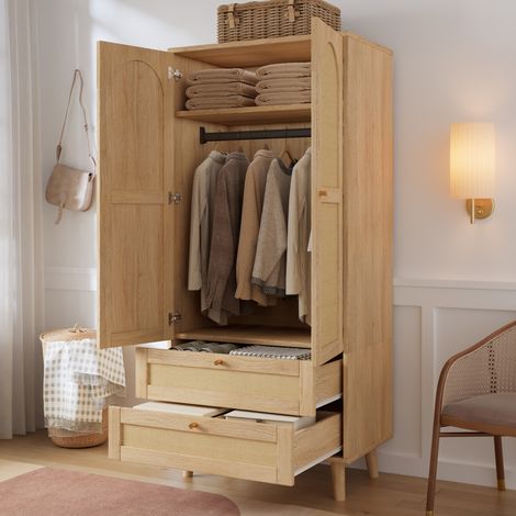 KleiderschrankinNaturholz-Optik,MehrzweckschrankmitRattan-Design,Kleiderstange,Ablagefächernund2Schubladen,modernerGarderobenschrankfürSchlafzimmer,FlurundAnkleidezimmer (1/5)