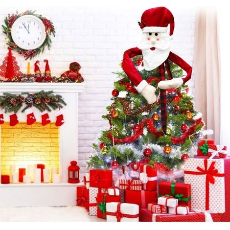 Arbre de Noël Topper avec Père Noël Decoration Cimier de Sapin de Noël en Tissu Chapeau d'Arbre de Noël Cime d'Arbre de Noël (1/4)