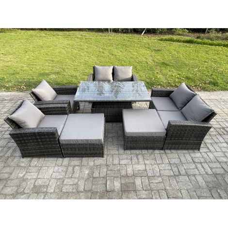 Fimous 8 Seater Wicker Rattan Garden Furniture Rising Table Set with 2 Big Footstool Double Seat Sofa Armchairs Dark Grey Mixed (1/5)