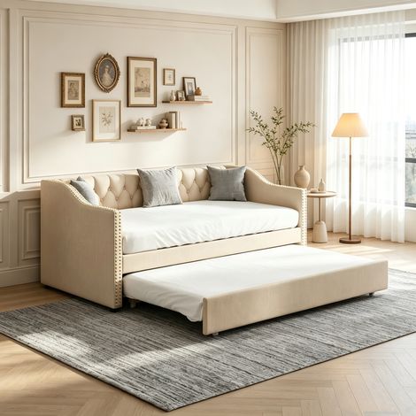 Lit gigogne 90x200cm, Canapé-lit 2 placesavec avec clous décoratifs, lin capitonné beige, sommier à lattes, sans matelas