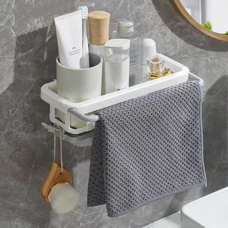 Étagère Murale Salle de Bain et Cuisine - Rangement Épices Sans Perforation avec Porte-Serviettes, 2 Crochets et Gouttière - Blanc (1/5)