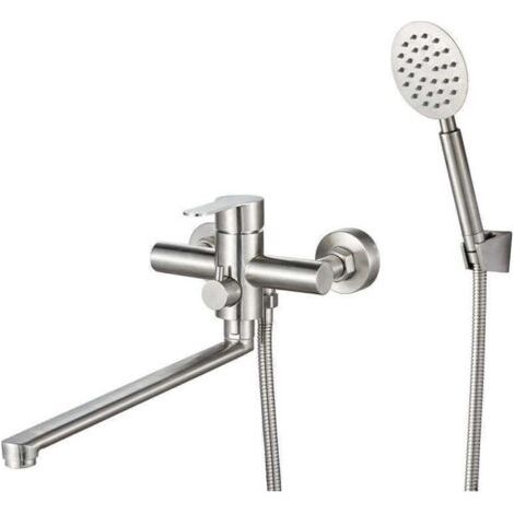 Robinet de Baignoire Mitigeur Bain Douche Mural SUS304 Brossé avec Long Bec 30CM, Douchette et Raccords (1/4)