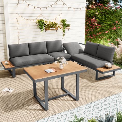 Ensemble salle à manger jardin angle réglable 5 positions (jusqu’à 55°), acier galvanisé, plateau imitation bois, table + fauteuils, gris/noir (1/4)
