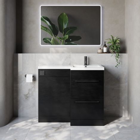 Napoli 390 Nero Oak 1000mm 2 Drawer Vanity Unit Toilet Suite with Right Hand Square Lucia Basin - 1000mm - Matt Black 320mm HandleWithout Kingston Toilet Pan