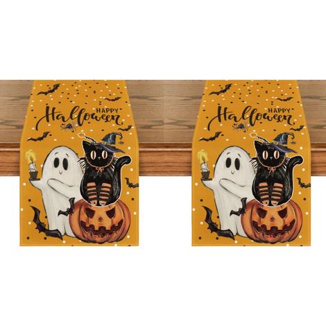 Camino de mesa de Halloween con estampado de calabaza, fantasma, gato negro y murciélago, para cocina y comedor, 33 x 183 cm (2 piezas). (1/5)