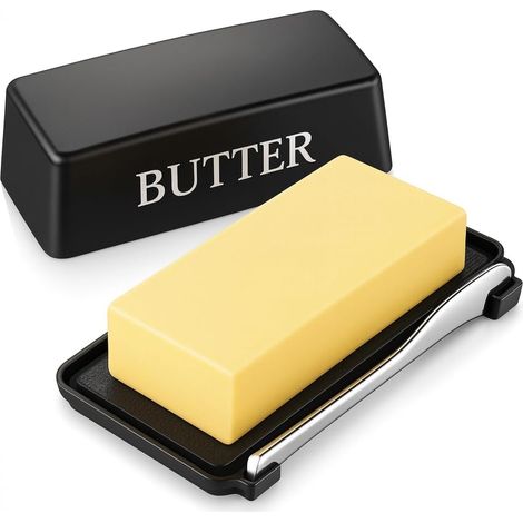 Beurrier avec couvercle et couteau - Beurrier en plastique alimentaire avec couvercle pour la plaque de cuisson - Compatible lave-vaisselle - Noir (1/5)