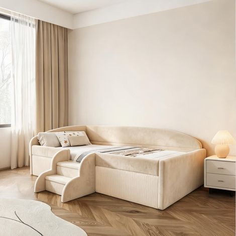 Cadre de lit beige en upholstered 201 x 99 x 62 cm (1/5)