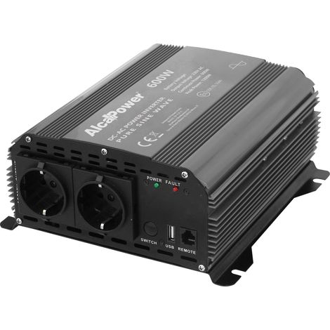 Onduleur Alcapower à onde sinusoïdale pure 600 W, entrée 24 V CC, sortie 230 V CA, avec double prise Schuko et port de télécommande intégré