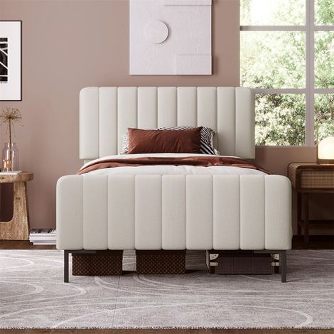 Lit simple rembourré 90x200 cm - bois massif, sommier à lattes, tête de lit réglable, gris-beige