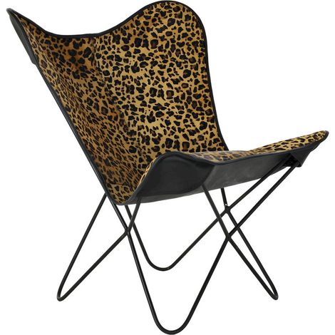 Chaise papillon design léopard en cuir et métal élégant - Léopard noir et marron (1/5)