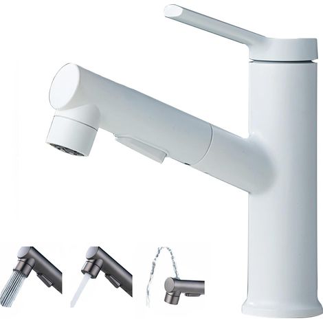 White bathroom faucet, 3-function pull-out spout, single-handle mixer tap (1/5)