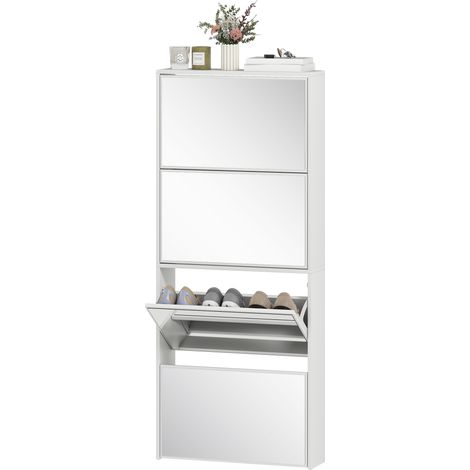 Étagère à chaussures 4 portes avec miroir et finition bois anti basculement 63 x 17 x 146 cm blanche (1/5)