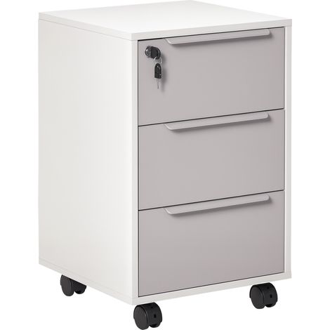 Cassettiera Portadocumenti a 4 Ruote 40x40x63,5 cm a 3 Cassetti con Chiavi di Sicurezza in MDF Bianco e Grigio