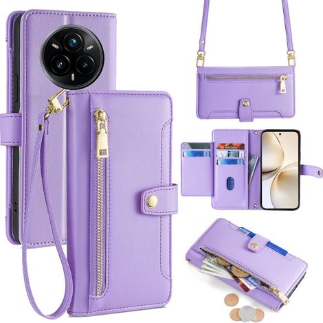 Custodia a libro per Realme 14 Pro 5G, con portafoglio e tasca con cerniera, colore viola. (1/5)