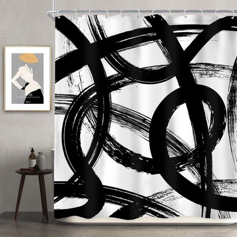 Rideau de douche abstrait noir et blanc, 152,4 x 183 cm (l x L) Graffiti moderne Ligne minimaliste Rideau de douche simple Ensemble de salle de bain Motif croquis cool et unique (1/5)