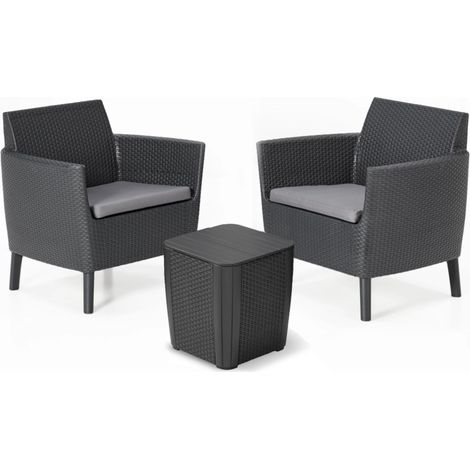 Salottino da Esterno Salemo Balcony Set 3 Pezzi in Resina Effetto Rattan con Tavolino Contenitore e 2 Poltrone con Cuscini Colore Graphite Keter