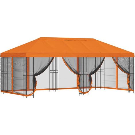 Un gazebo de 6 x 3 mètres avec parois latérales, fabriqué en fibre de polyester orange et structure en acier, 190 cm de haut.