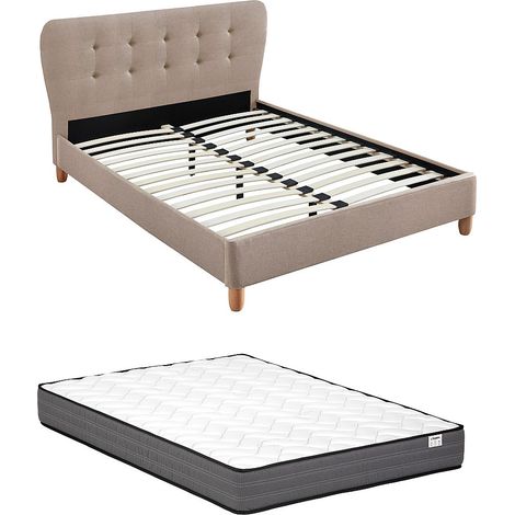 Lit 140 x 190 cm avec tête de lit capitonnée - Tissu - Beige + Matelas - ELIDE