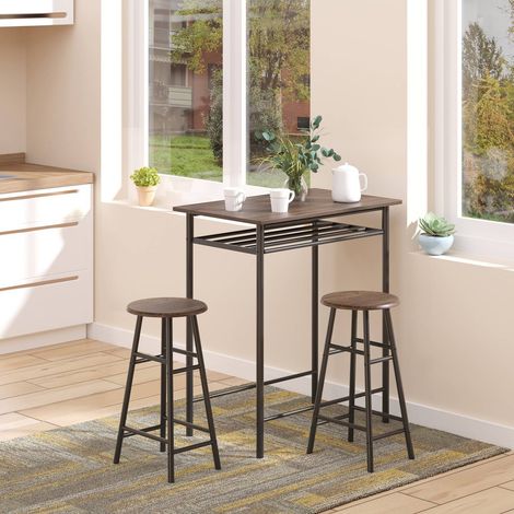 Ensemble bar 3 pièces avec table haute 121,5 cm et 2 tabourets, rangements, porte-bouteilles et porte-verres, gris (1/5)