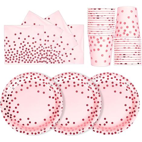 Kit de Vaisselle Jetable d'Anniversaire 72 Pièces Or Rose Poudré - Set d'Assiettes en Papier, Gobelets et Serviettes pour Fête, Pique-Nique et Barbecue - Pour 24 Invités (1/5)