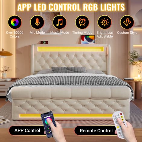 Lit coffre hydraulique 140 x 190 cm beige en velours avec LED, ports USB Type-C, tête de lit capitonnée, sommier relevable et rangement (1/5)