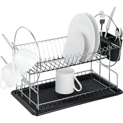 Metall Abtropfgestell mit Besteckkorb und Tassenhalter - 50 x 36 cm - Geschirr Abtropfgitter mit 2 Etagen und Antirutsch-Matte