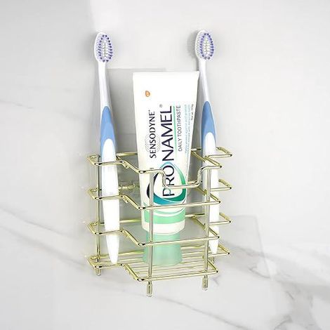 Porte-brosse à dents mural doré, en acier inoxydable, pour salle de bain et douche, organiseur 3 compartiments avec support pour brosse à dents électrique, dentifrice et rasoir, fixation murale ou adh (1/5)