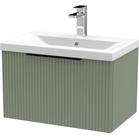 Fluted Front Wall Hung 1-Drawer Bathroom Vanity Unit with 1 Tap Hole Basin, 600mm, Satin Green, Black Handles (1/5)