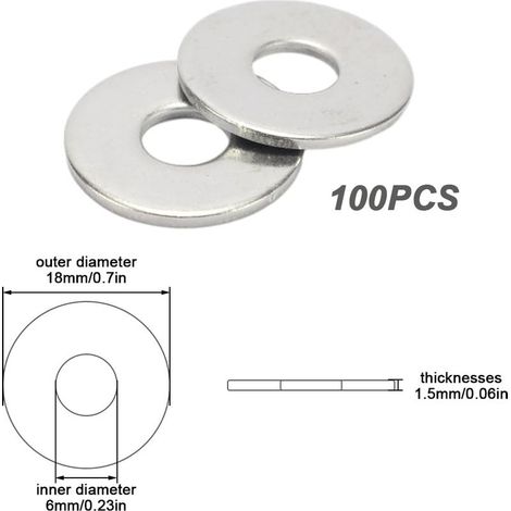 100 Stück Metallscheiben M6 x 18 mm, Flachscheiben, Stahlscheiben, Edelstahlscheiben, M6-Flachscheiben für Schrauben, Muttern und Gewindestangen (1/5)
