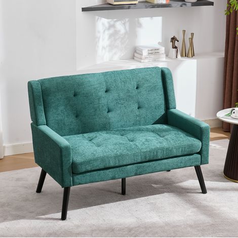 Banco tapizado de 2 plazas en lino, verde retro, con patas de madera maciza antideslizantes,120x75x88 cm (1/5)