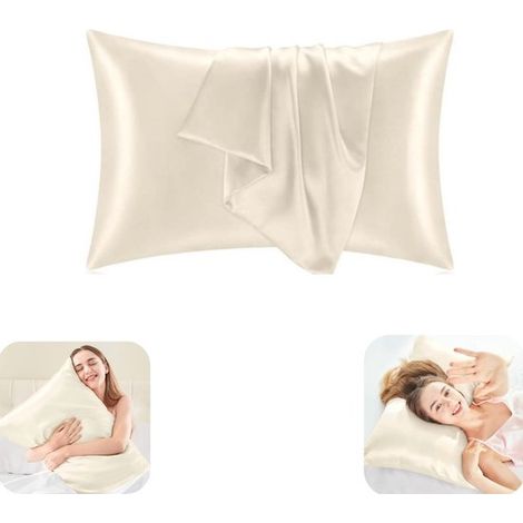 Taies d'oreiller en soie lot de 2 - housses 50 x 70 cm à fermeture éclair, blanches (1/5)