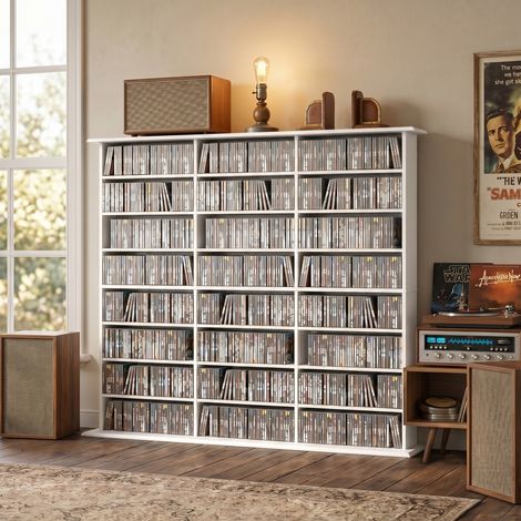 Meuble Rangement 1032 CD / 594 DVD, Multimédia, 24 Compartiments, 18 Étagères Ajustables, Blanc (1/5)