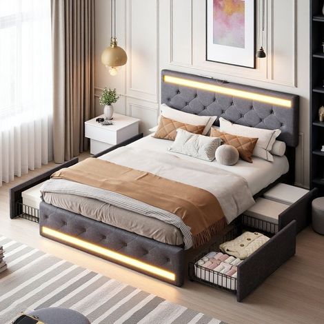 Doppelbett LED Schubladen 180x200cm - RGB-Beleuchtung 6000 Farben - Leinenstoff - USB-C - Modernes Erwachsenenbett Dunkelgrau