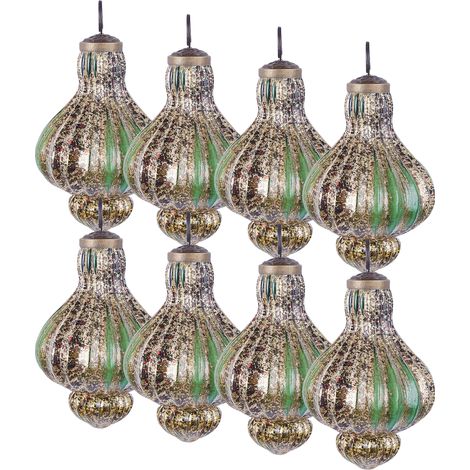 Conjunto de 8 bolas de Navidad de vidrio hechas a mano para colgar del árbol de estilo vintage dorado y verde Brillant