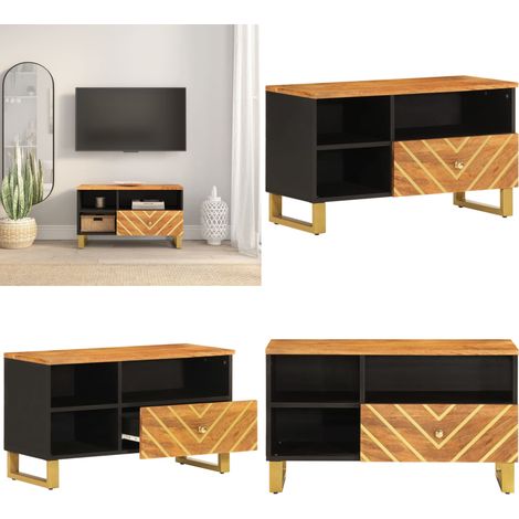 Meuble TV marron et noir 80x33,5x46 cm bois massif de manguier - Meubles Tv - Meuble Tv - Meuble Audiovisuel - Meuble Salle Séjour - Mobilier Moderne - Home & Living (1/5)