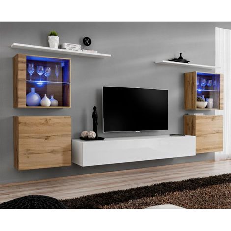 Meuble TV Mural Design "Switch XIV" 320cm Naturel & Blanc (1/4)