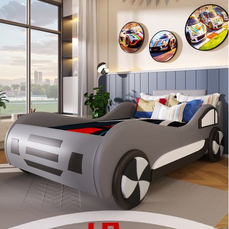 Letto auto 90/200 cm grigio con contenitore, rete inclusa e design cockpit per bambini (1/5)