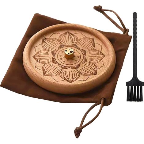 Brûleur d'encens - 1 Pièce - Bois de hêtre et laiton - Motif lotus sculpté - Méditation et yoga - Diamètre 12 cm (1/5)