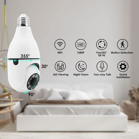 Caméra ampoule, caméra ampoule WiFi extérieure à 360 degrés avec vision nocturne, caméra de sécurité ampoule, suivi automatique, audio bidirectionnel, détection de mouvement (1/4)
