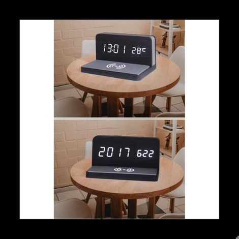Réveil Chargeur Sans Fil - Horloge Numérique avec Thermomètre et Calendrier Perpétuel - Bois Bambou - Alimentation par 3 piles AAA - 1 pièce (1/5)