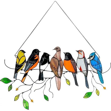 Oiseaux Multicolores sur Un Fil Haut vitrail Suncatcher tentures de fenêtre 7 Oiseaux penif orments pour fenêtres Portes Jardin Maison déations de Printemps (1/4)