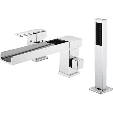 Robinet Baignoire 3 Trous, Mitigeur avec Douchette 3 Trous, Robinetterie de Baignoire Cascade, Chromé (1/5)
