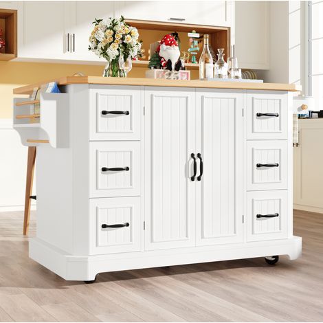 Isla de cocina móvil 120x45x91 cm en MDF y metal blanco con almacenamiento – MEUBLIV (1/5)