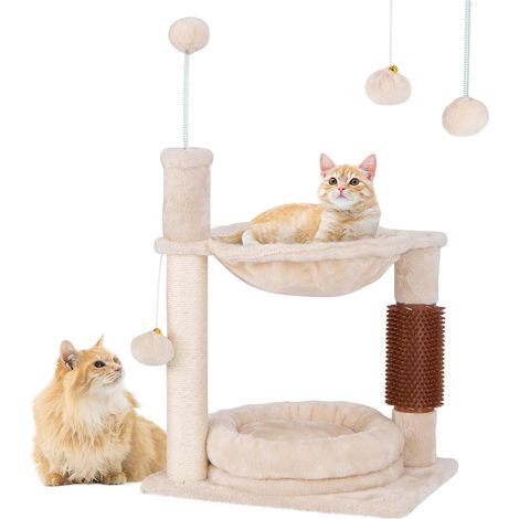COSTWAY Árbol Rascador para Gatos Pequeños, Árbol para Gatos con Hamaca Suave, Cama para Gatos de Felpa, Postes de Sisal, Autopeluquero y Bola Colgante, Torre para Gatos, 40 x 30 x 72 cm, Beige (1/4)
